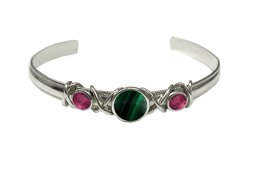 Sterling Silver Hand Made Cuff Bracelet With Malachite And Pink Tourmaline